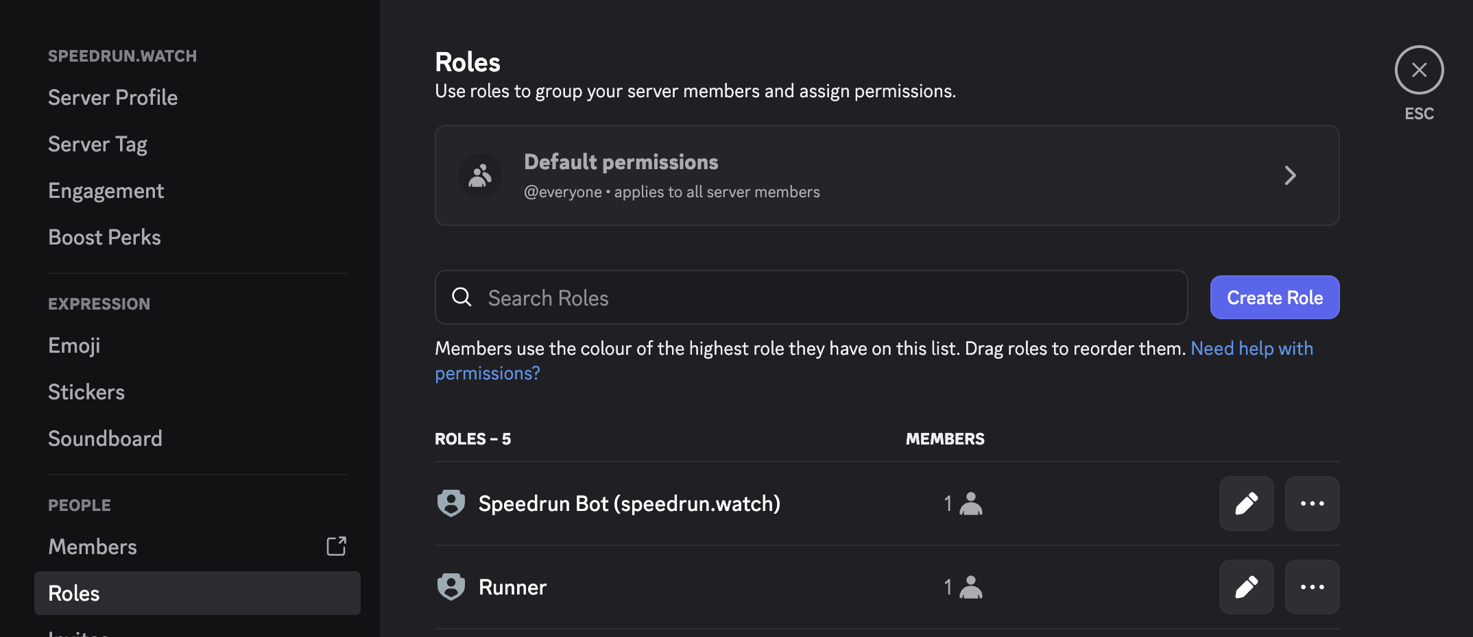 Discord Server Settings roles list showing the speedrun.watch bot role positioned above the Runner role, which is required for the bot to assign it.
